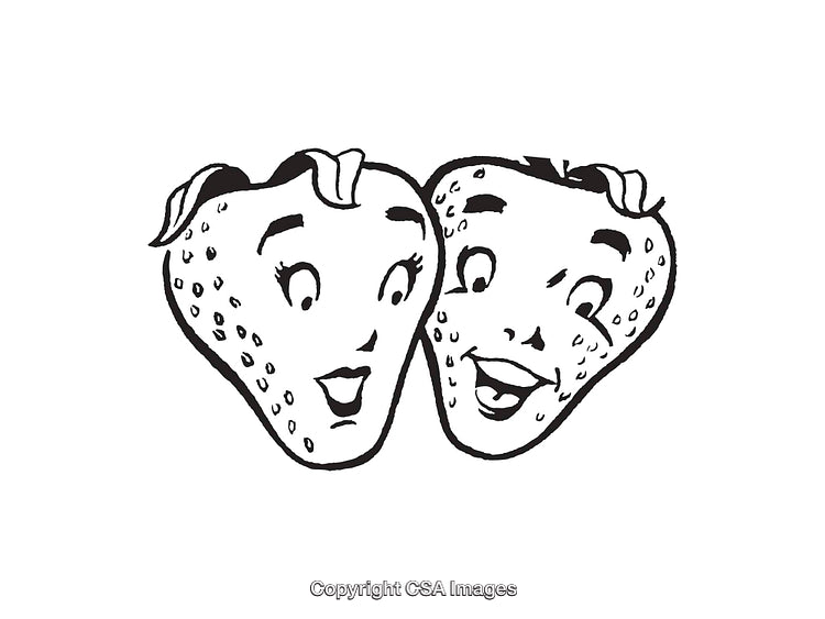 Smiling Faces of Anthropomorphic Strawberries in Black and White Line Art