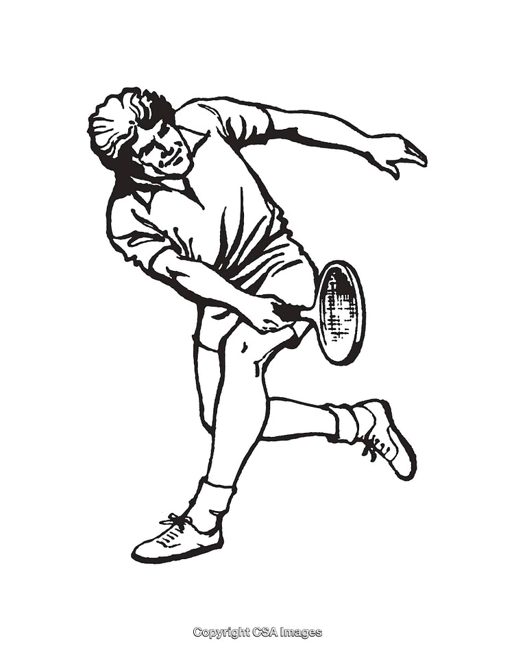 Black and White Line Art Illustration of a Tennis Player in Action