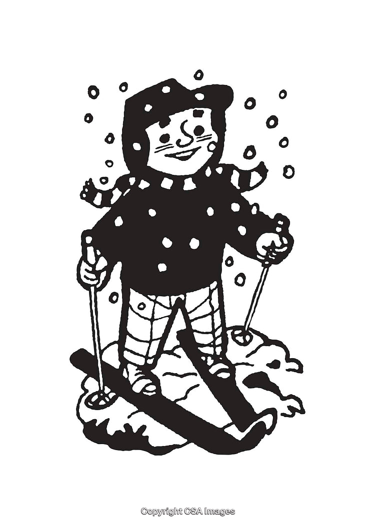 Black and White Illustration of a Child Skiing in Snowy Weather