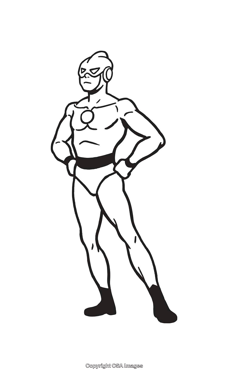 Black and White Line Art Illustration of a Hero in a Confident Pose