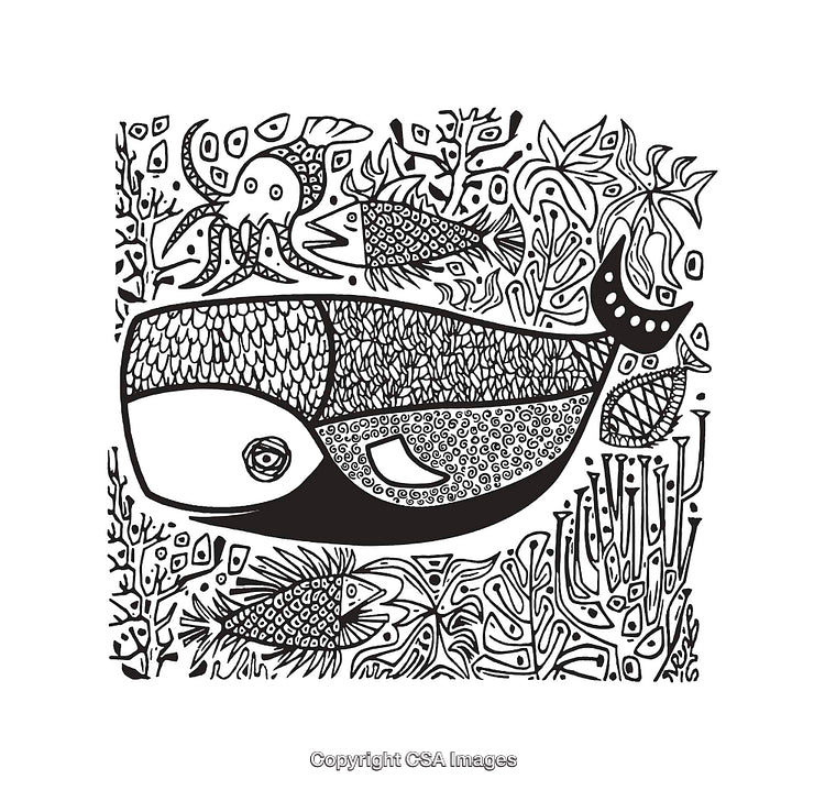 Black and White Line Art Illustration of a Whale Underwater