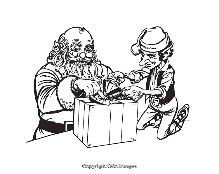 Santa Claus and Elf Wrapping a Gift in Black and White Illustration