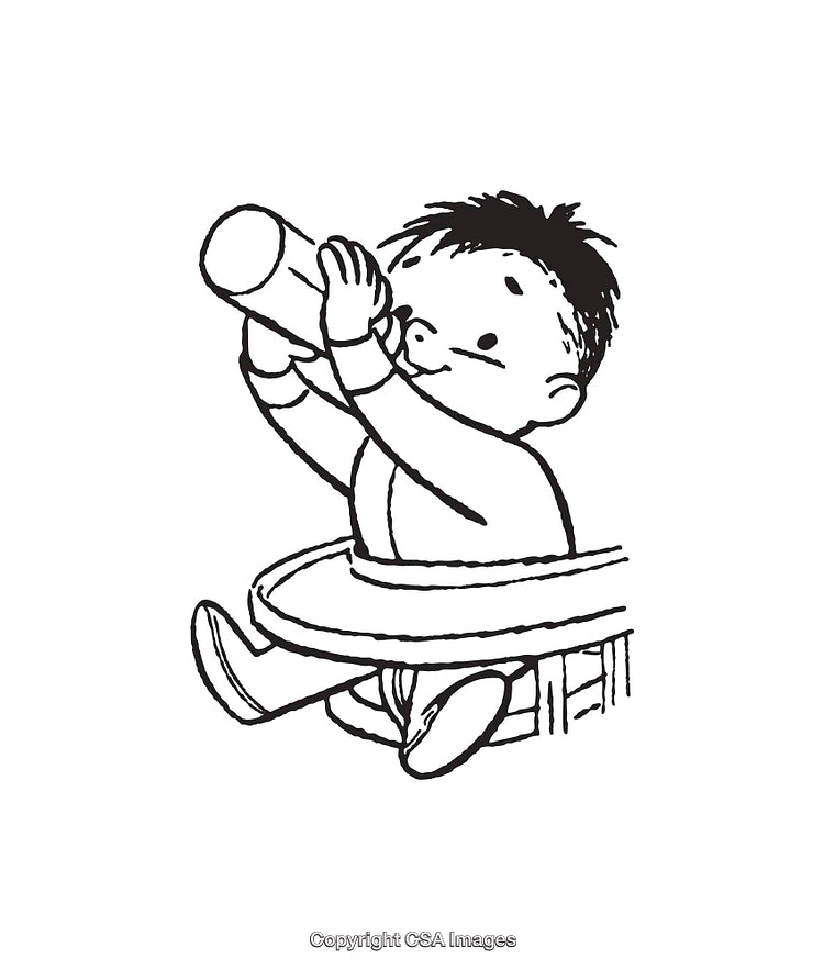 Black and White Illustration of Baby Drinking from a Bottle in Highchair