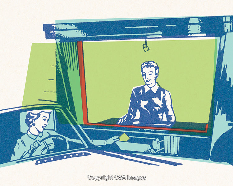 Vintage Illustration of Drive-Through Window Interaction in Retro Style