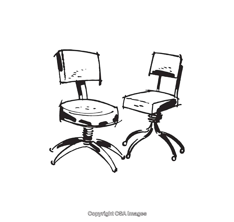 Black and White Sketch of Two Rotating Office Chairs in Line Art Style