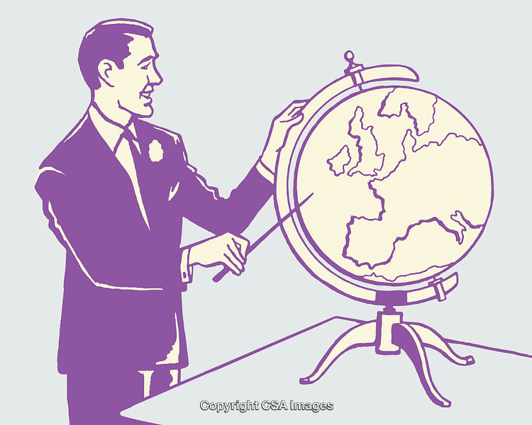 Illustrated Man Pointing to Globe with Focus on Europe and Learning Context