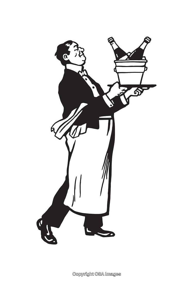 Elegant Waiter Serving Champagne in Black and White Line Art