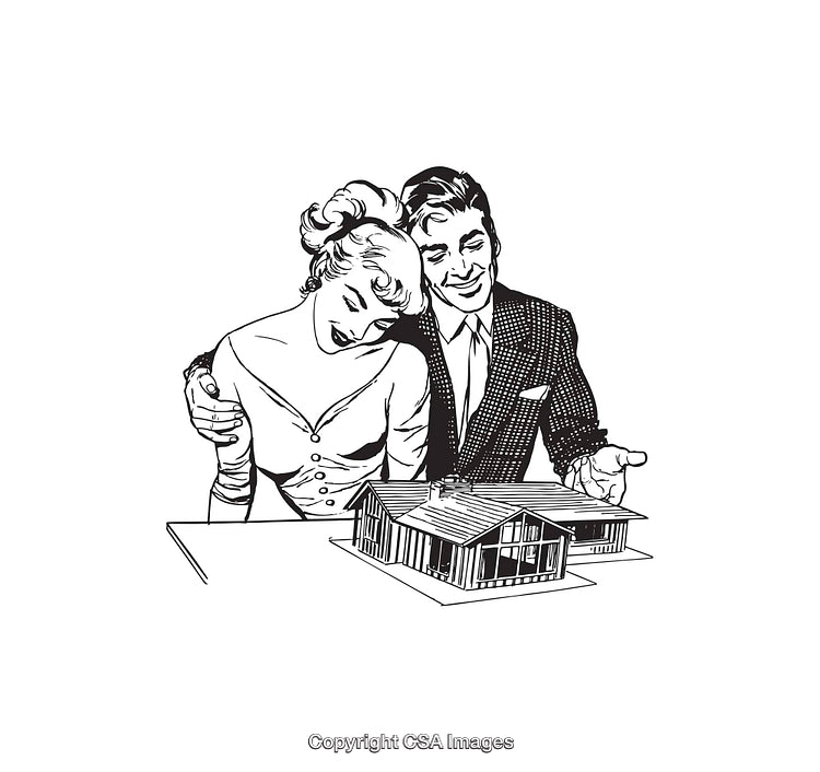 Vintage Illustration of a Happy Couple Viewing a House Model