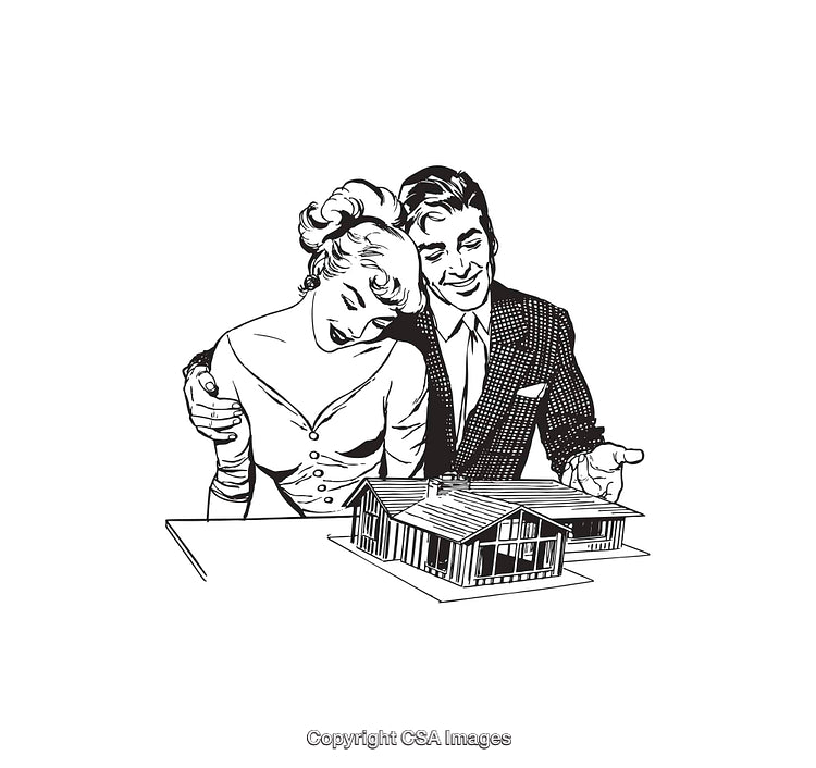 Vintage Illustration of a Happy Couple Viewing a House Model