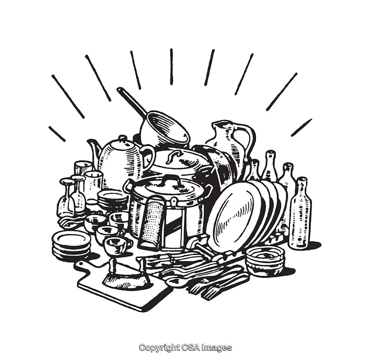 Vintage Line Art of Kitchenware Including Pots, Plates, and Bottles
