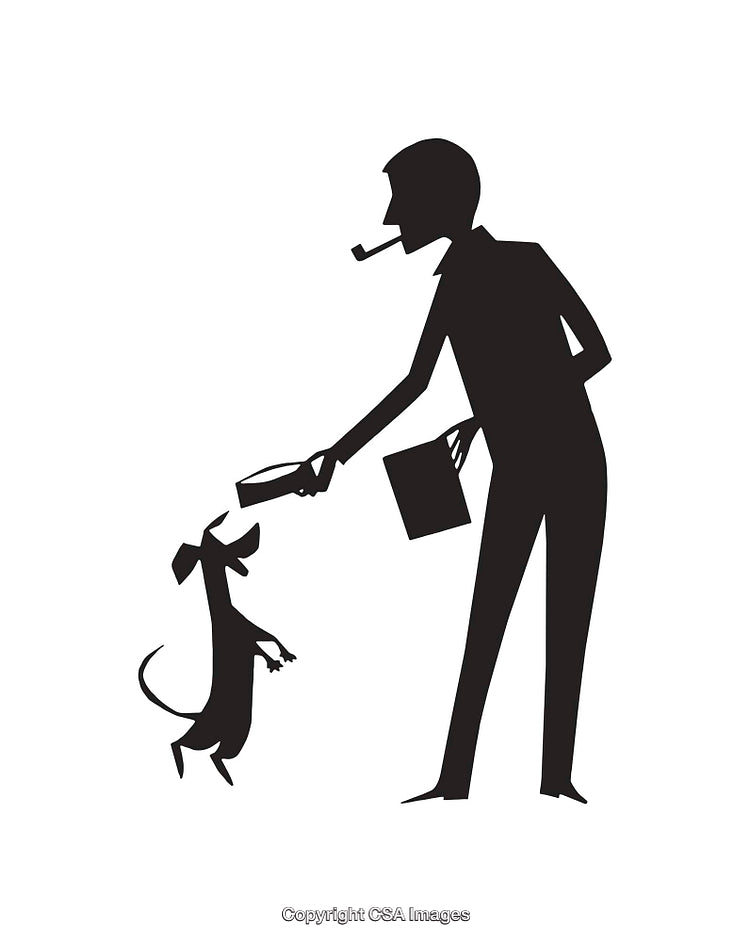 Silhouette of a Smoking Person Feeding a Standing Dog