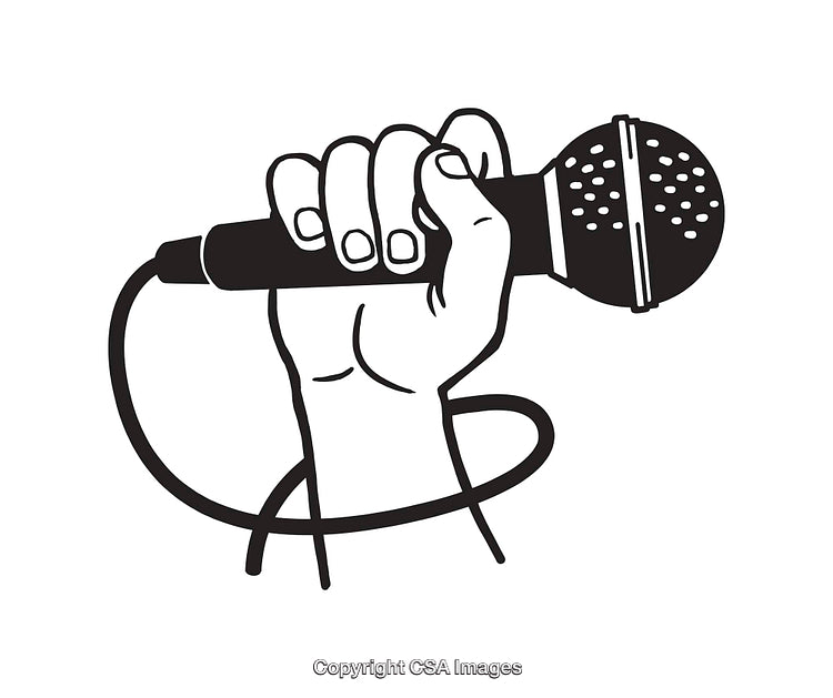 Black and White Line Drawing of a Hand Holding a Microphone