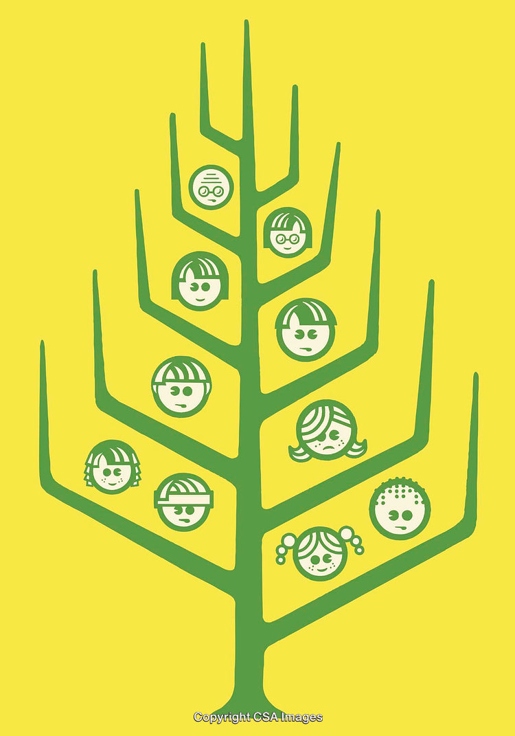 Stylized Family Tree Illustration with Cartoon Faces on a Yellow Background