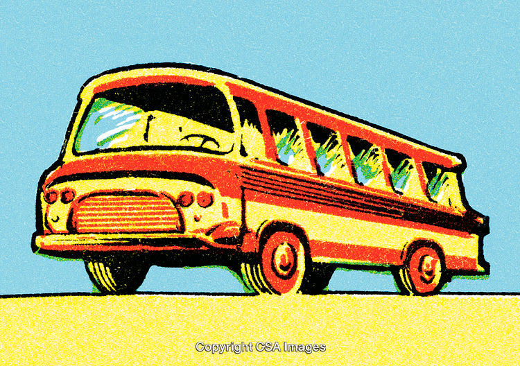Retro Styled Illustration of a Vintage Bus on a Scenic Background
