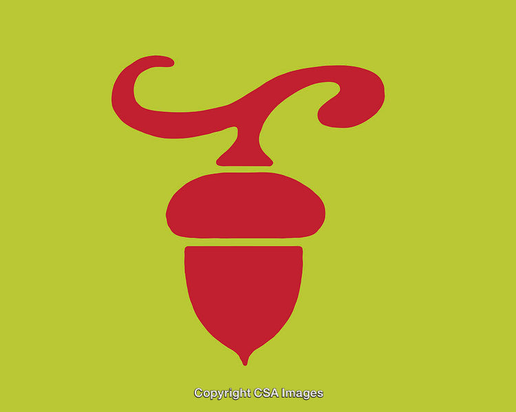 Abstract Red Acorn Design on Green Background with Artistic Linework