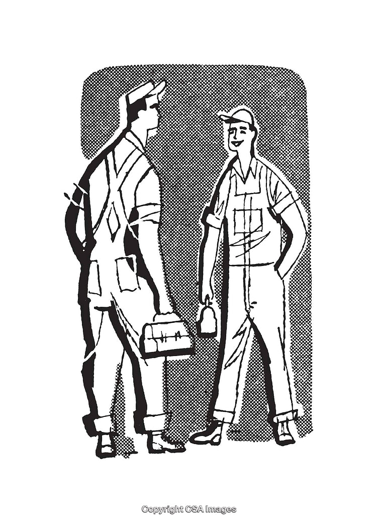 Black and White Illustration of Two Workers in a Retro Art Style