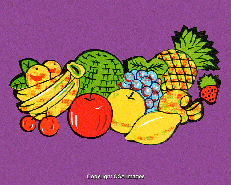 Colorful Artistic Representation of Various Fruits on a Purple Background