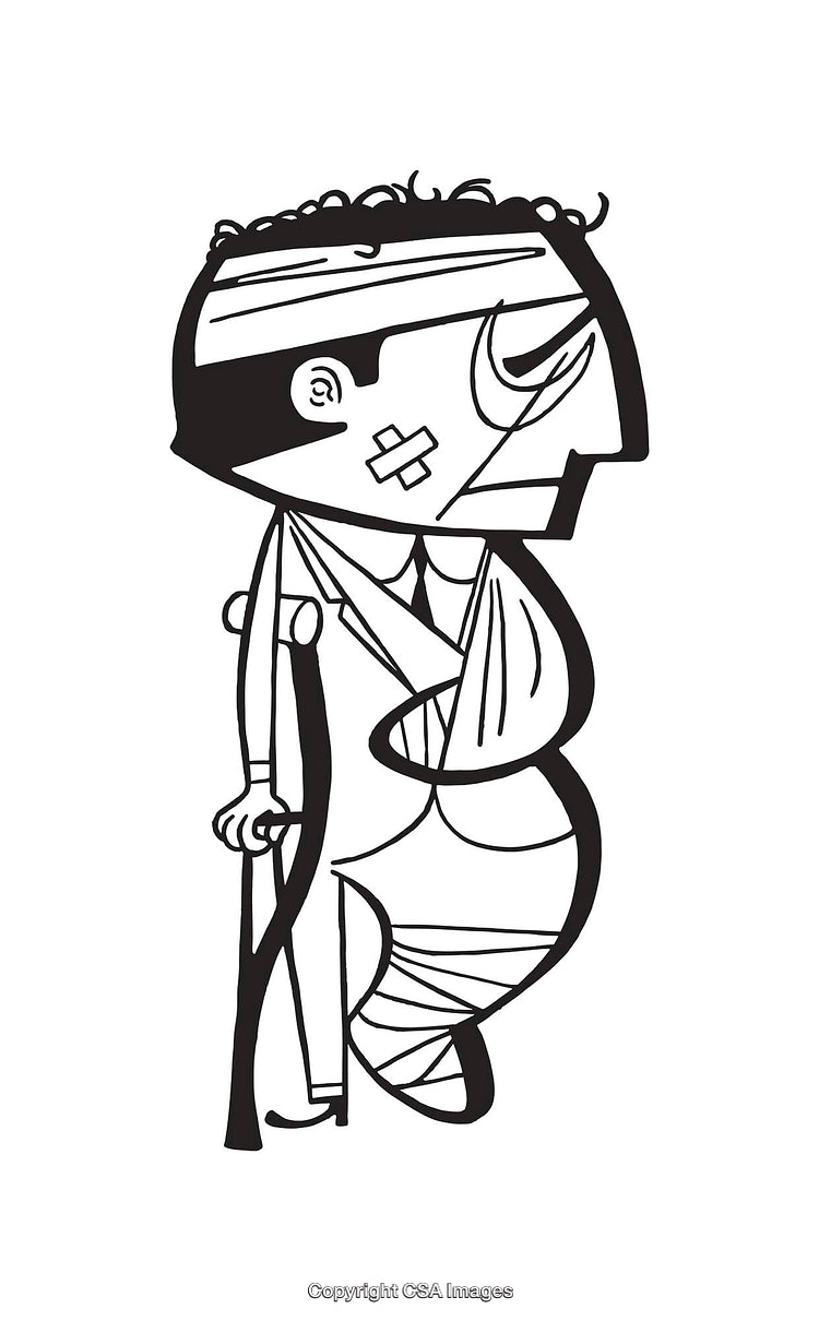 Stylized Black and White Outline Drawing of a Bandaged Character