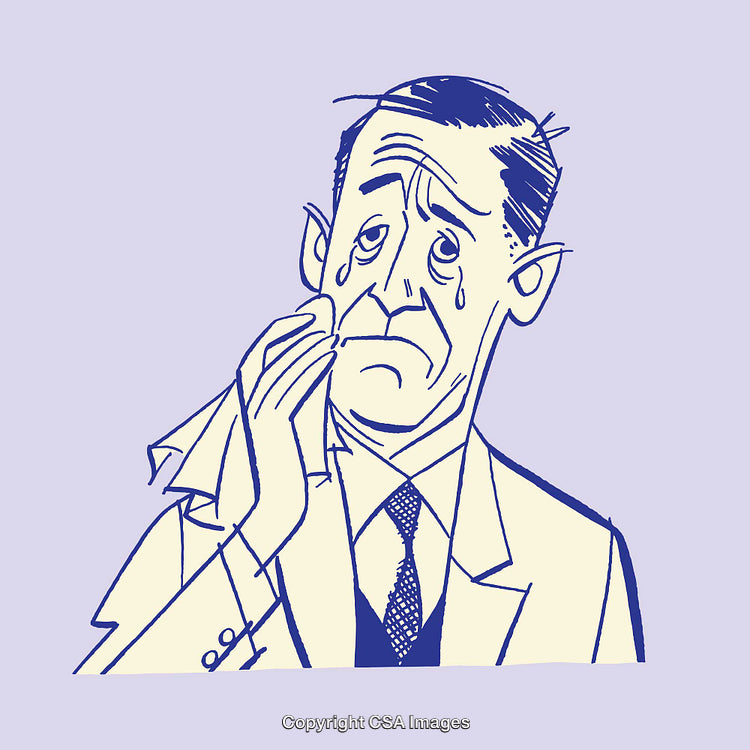 Line Art Illustration of a Crying Man Wiping Tears in a Suit