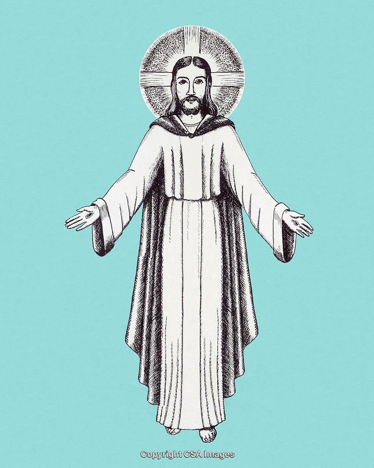 Hand-Drawn Illustration of a Religious Figure with Radiant Halo on Teal Background
