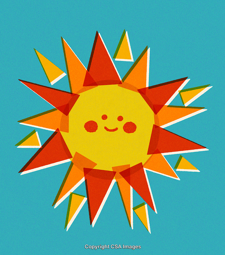 Cute Smiling Sun Illustration with Colorful Rays on Blue Background