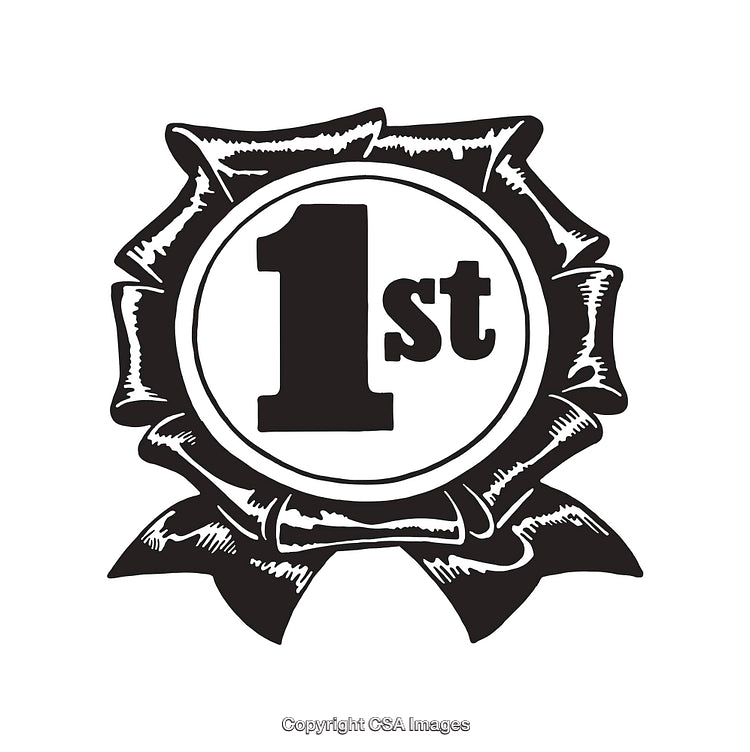 Black and White Line Art Illustration of a First Place Ribbon Design