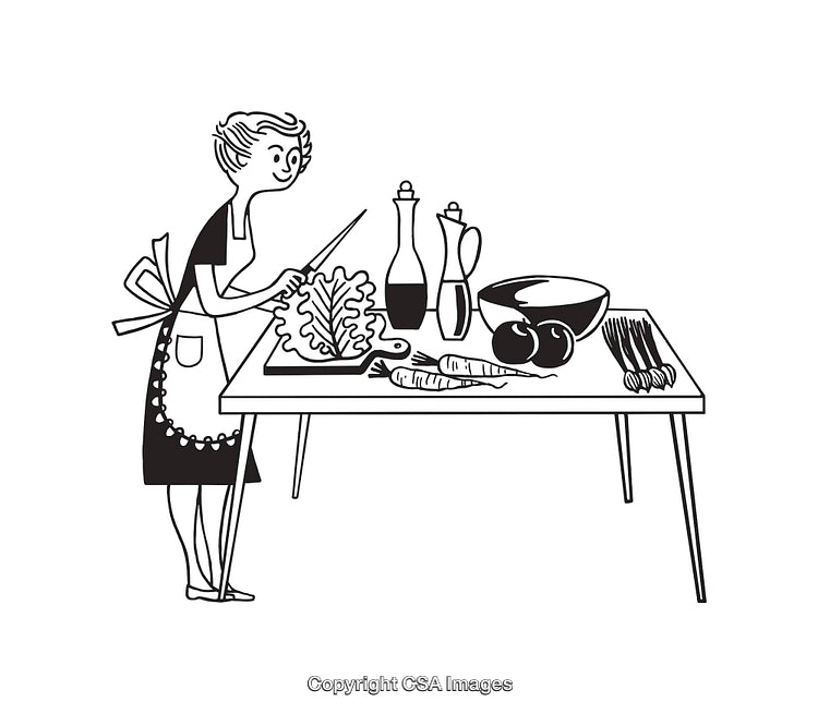 Retro Line Art of Woman Cooking in Kitchen