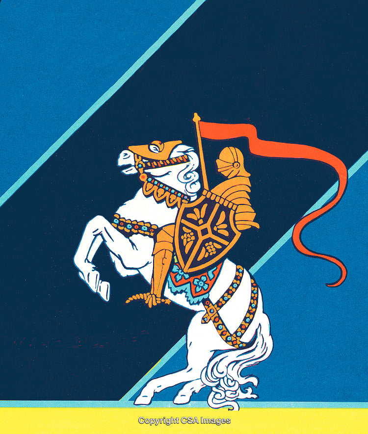 Colorful Illustration of a Knight on a White Horse With a Shield and Banner