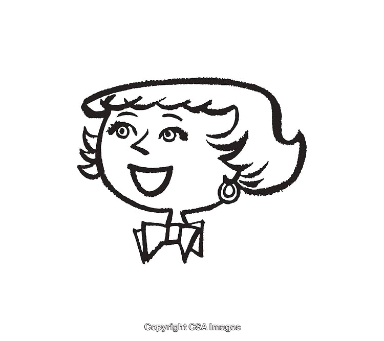 Cheerful Black and White Line Art Illustration of a Smiling Woman