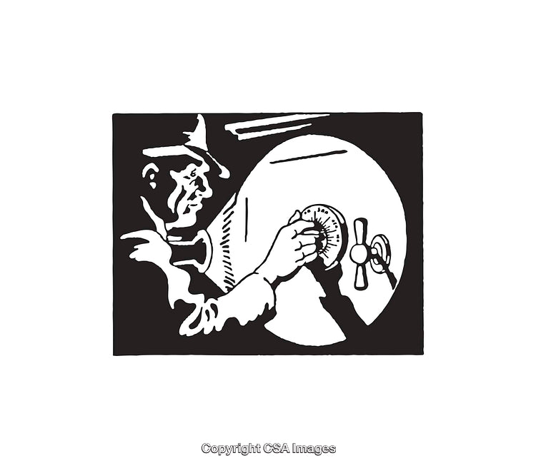 Black and White Illustration of a Burglar Unlocking a Safe