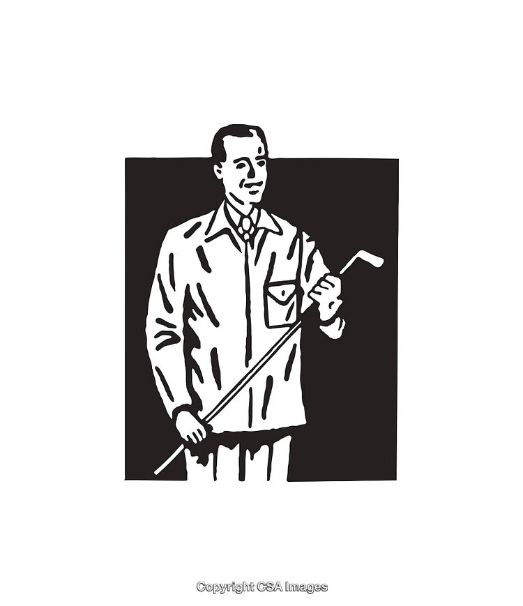 Black and White Line Drawing of a Businessman Holding a Golf Club