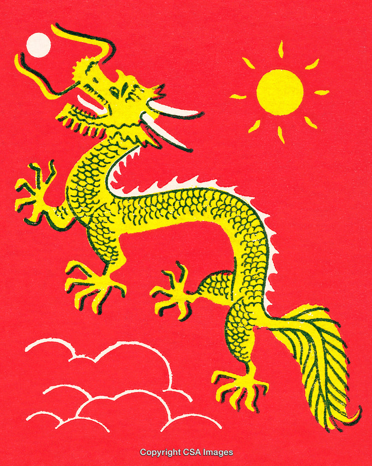 Golden Dragon on a Red Background Depicting Mythical Symbolism and Energy