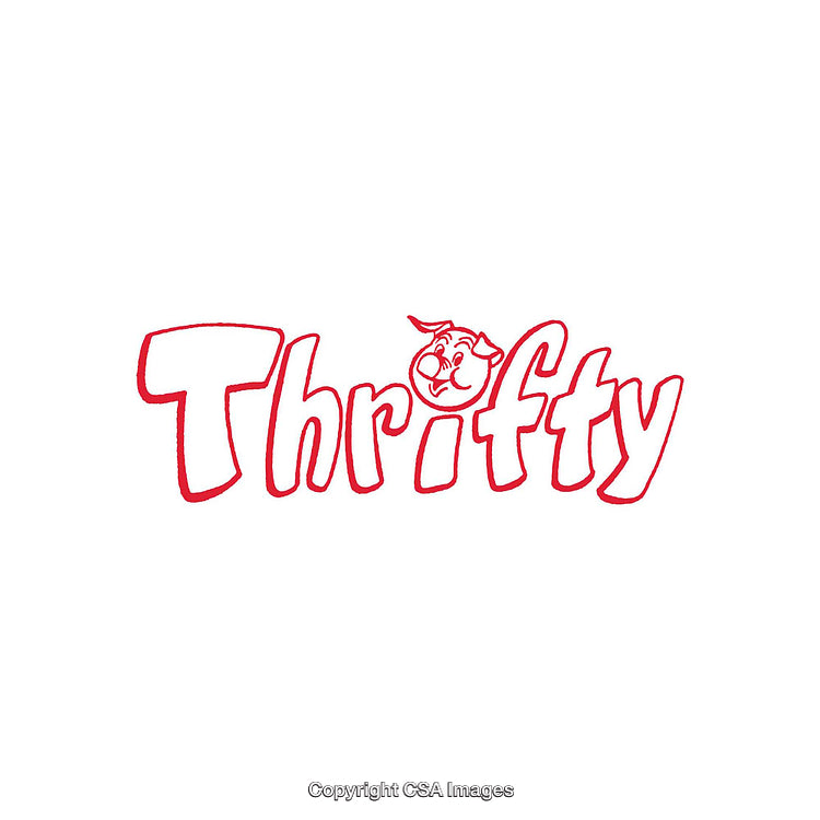 Red Thrifty Text Logo with Smiling Face Symbol on White Background