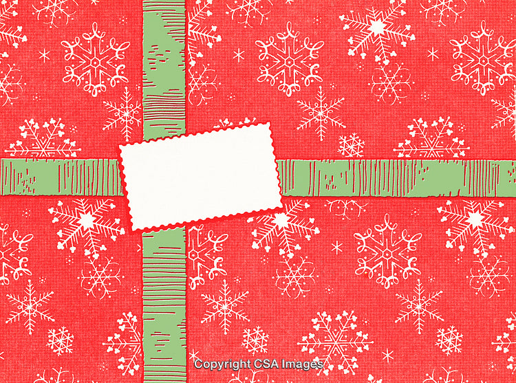 Festive Red Christmas Wrapping Paper with Snowflake Patterns and Green Decorative Ribbon