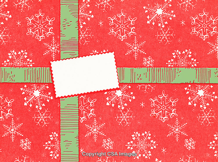Festive Red Christmas Wrapping Paper with Snowflake Patterns and Green Decorative Ribbon