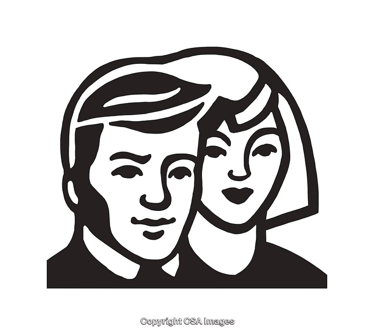 Stylized Black and White Line Art of a Man and Woman