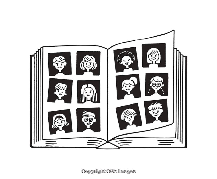 Black and White Illustration of Open Yearbook with Cartoon Portraits