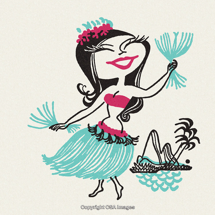 Retro Cartoon of a Hula Dancer with Tropical Background Illustration