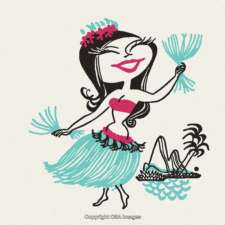 Retro Cartoon of a Hula Dancer with Tropical Background Illustration