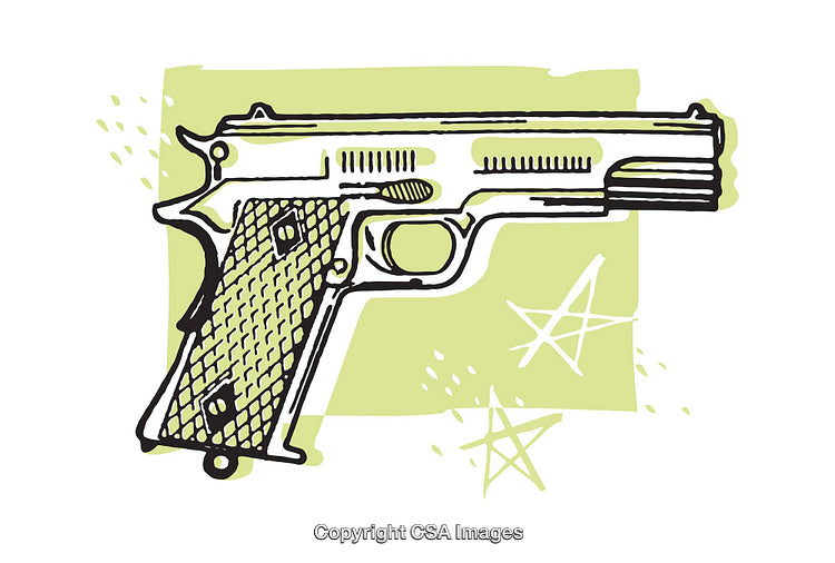 Illustrated Handgun with Artistic Green Background and Decorative Elements