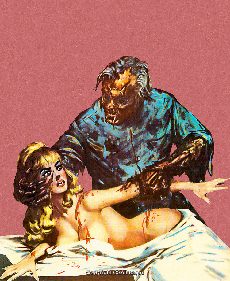 Terrifying Monster Overpowering a Woman in a Vintage Horror Illustration