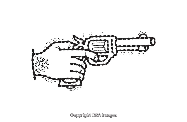Detailed Black and White Line Art of a Hand Holding a Revolver