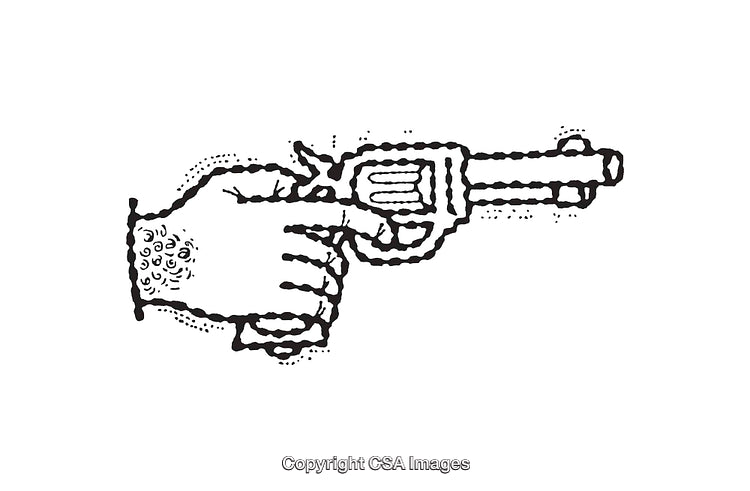 Detailed Black and White Line Art of a Hand Holding a Revolver