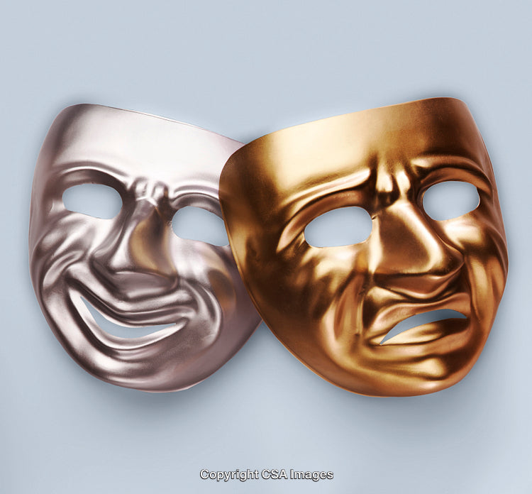 Gold and Silver Comedy Drama Masks Highlighting Emotion and Theater Symbolism
