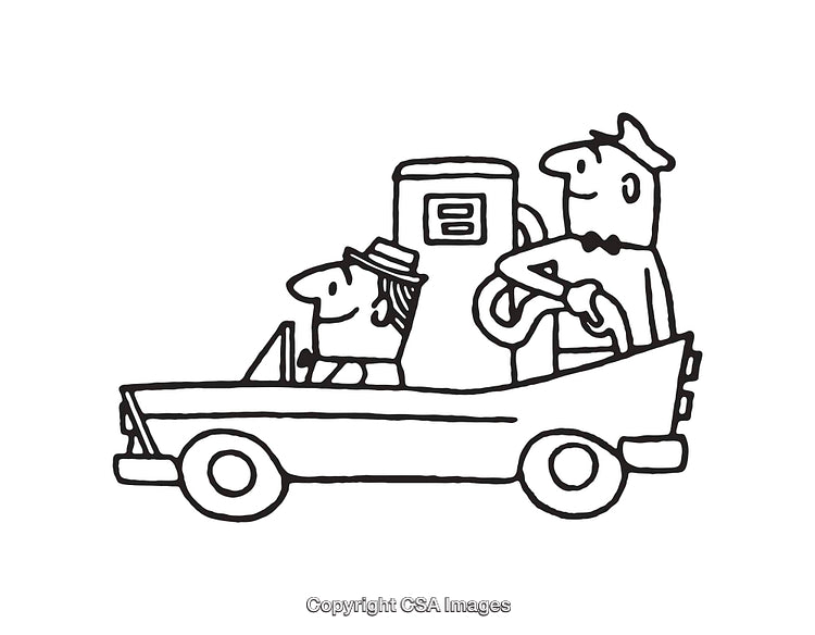 Cartoon Car Illustration With Driver and Passenger at a Gas Station