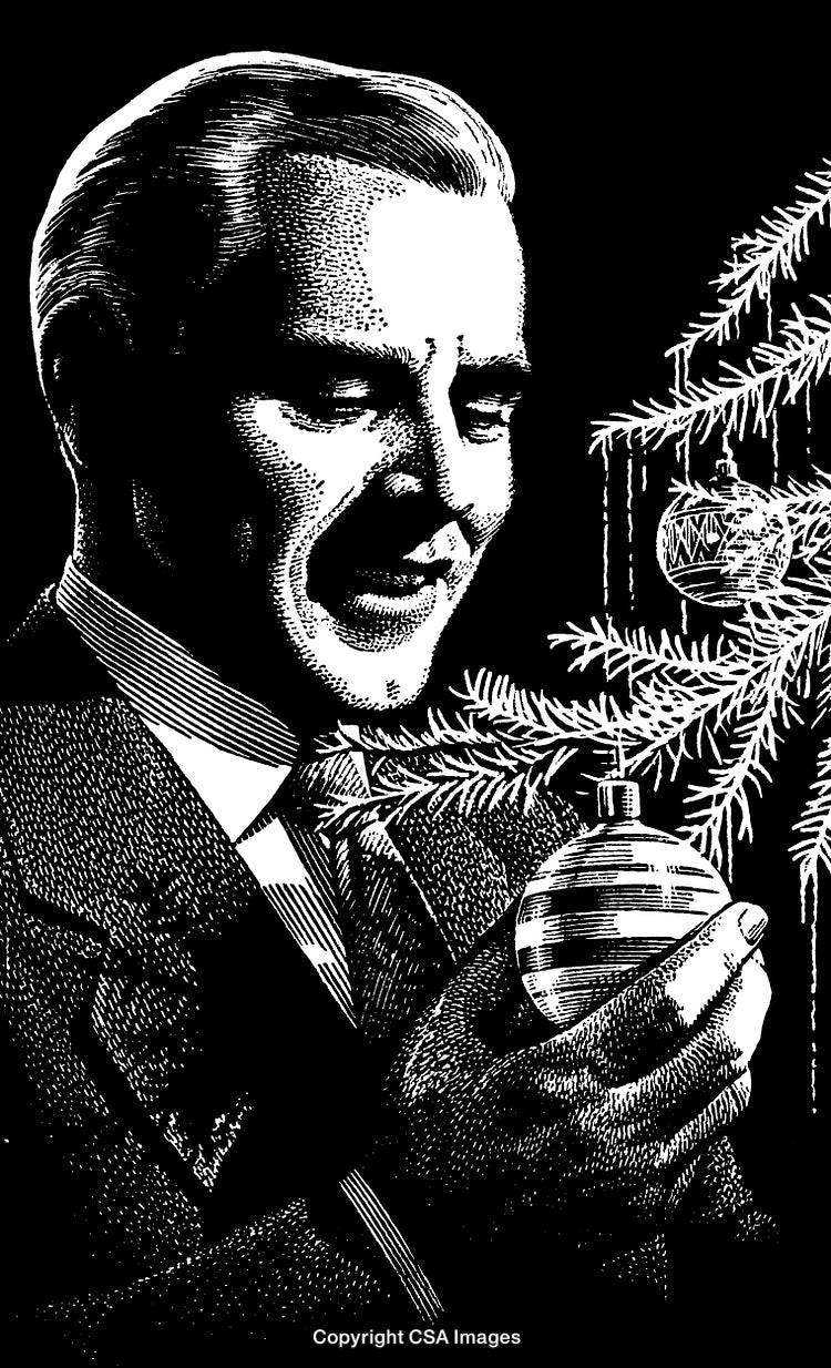 Man Smiling at Christmas Ornament Near Tree in Black and White Artwork