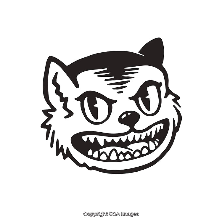 Black and White Graphic of a Fierce Smiling Cat Face Line Illustration