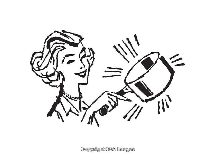 Vintage Black and White Line Art of a Smiling Woman Holding a Saucepan