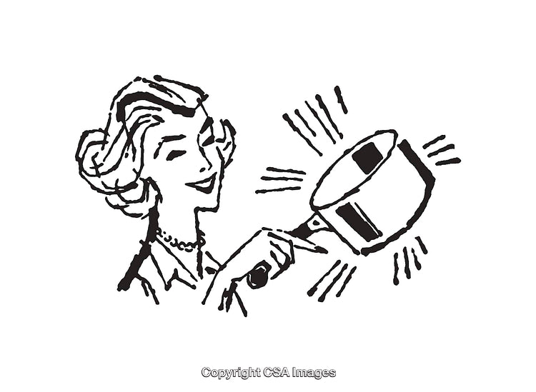 Vintage Black and White Line Art of a Smiling Woman Holding a Saucepan