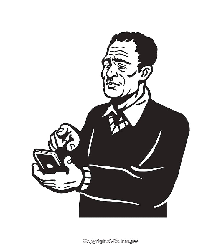 Black and White Line Art of a Man Using a Smartphone